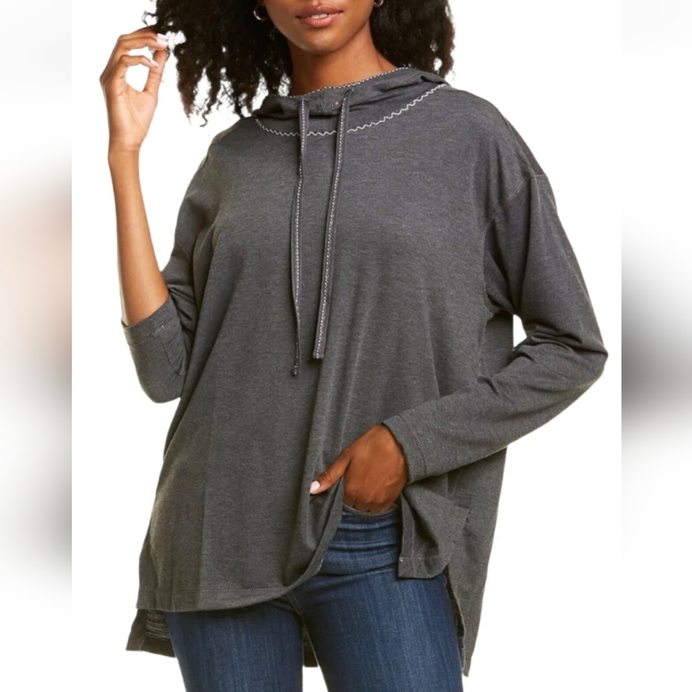Max Studio Oversized Charcoal Knit Funnel Neck Hoodie Sweatshirt Size Small